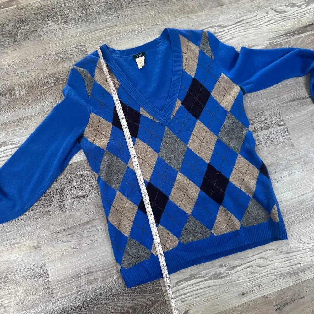 J.Crew Blue Argyle Sweater Wool Cashmere V Neck Preppy Y2K Medium Minimalist